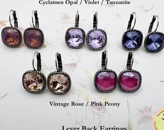 Earrings, 12mm Square Cushion Cut Fancy Stone, European Crystals, Antique Silver Lever Back Setting, Drop Earrings
