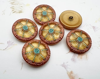 Wheel Design, 27mm Gold with Copper and Tea Green Accents Hand Painted, Metal Shank Button, Czech Glass Button