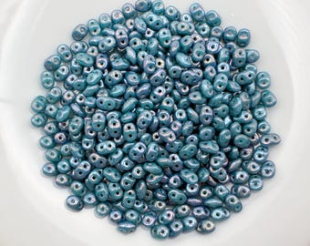 SuperDuo Nebula Turquoise Green, Matubo SuperDuo Beads, 2.5x5mm, 10 Gram Bag