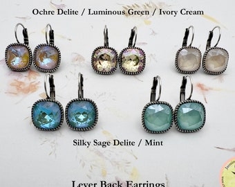 Earrings, 12mm Square Cushion Cut Fancy Stone, European Crystals, Antique Silver Lever Back Setting, Drop Earrings