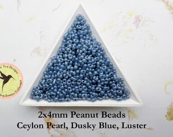 Ceylon Pearl, Dusky Blue, Luster, Peanut Beads, 2x4mm Peanut Beads, Japanese Peanut Beads, 32 grams, 6 Inch Tubes, Luster Finish