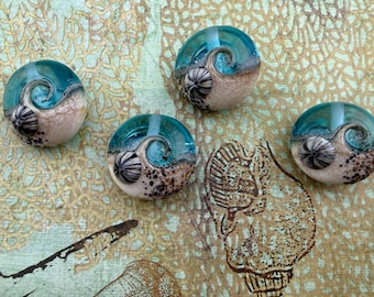Artisan Ocean Wave Transparent Blue Lampwork Bead with Barnacles and Sand