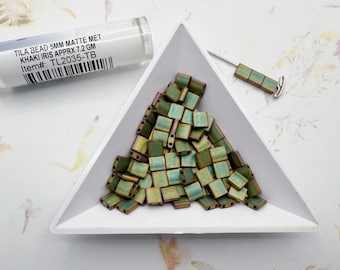 Miyuki Tila Beads: Matte Metallic Khaki Iris, 5x5mm (7.2g Tube)