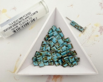 Miyuki Tila Beads: Matte Picasso Seafoam Green, 5x5mm (7.2 GM Tube)