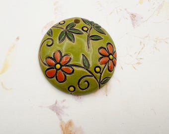 Hand Carved Stoneware Pendant: Vintage Textile Floral Bead by Golem