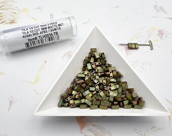 Half Tila, Matte Metallic Khaki Iris, Miyuki Tila in Tubes, 7.8 GM Tubes, Half Cut 5x2.3mm, 2 Hole Tila