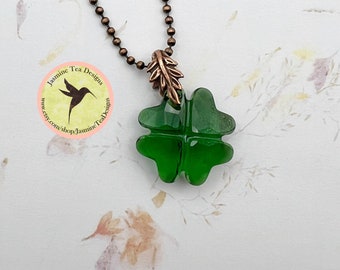 Dark Moss Green Crystal Four Leaf Clover Shamrock Necklace, Antique Copper Ball Chain and Bail, Tierra Cast Findings, Premium Crystal