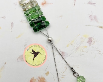 Emerald, Peridot and Luminous Green Crystal Lariat, Adjustable Lariat Necklace with Front Slider, Peridot Four Leaf Clover Dangles