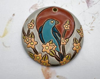 Bluebird Stoneware Pendant, Large Round Bluebird Pendant, Bluebird and Blossoms Pendant on High Fired Stoneware, Artisan Beads and Pendants