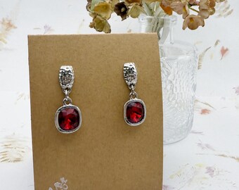 Swarovski Siam Cushion Cut Fancy Stone Earrings, 10mm Cushion Cut Crystals, Rhodium Silver Pierced Post Back Dangle Earrings