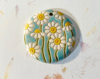 Large Round Daisy Pendant With Light Blue Background And White, Yellow and Orange Daisies, Focal Bead, Pendant Bead, Golem Studio Designs