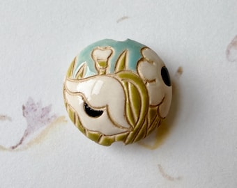 Handcrafted Stoneware Lentil Bead, White Poppies Design, Large Hole