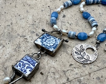 Blue and White Pottery Shards Pendant Necklace, Freshwater Pearls, Boulder Opal Heishi and Faceted Chalcedony Gemstones Accent, OOAK