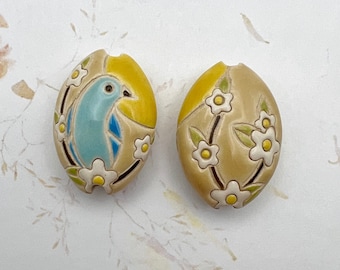 Hand Carved Ceramic Bird Bead: Almond Shaped Sunrise Pendant by Golem