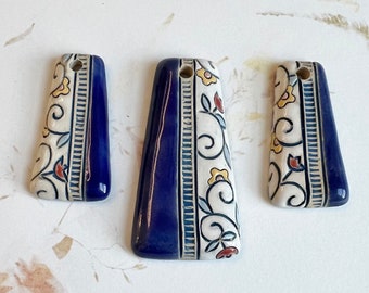 NEW!  Mixed Technique 3 Piece Set, 1 Pendant, 2 Small Pendants, Hand Carved, Stamped and Glazed