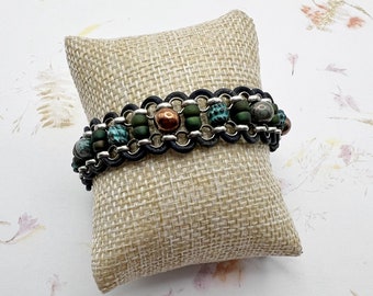 Deep Blue Leather With Hybrid Beads, Raku Beads and Greek Beads Woven into Antique Silver Rolo Chain To Create A Gorgeous Bracelet