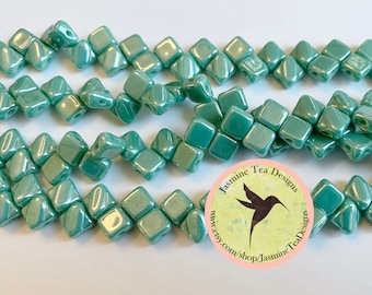 Turquoise Green With White Luster Finish Silky Beads, 2 Hole 6mm, Beautiful Luster Silky Beads, 40 Beads Per Strand
