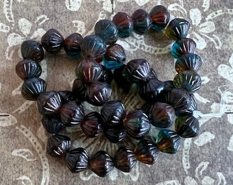 9mm Tribal Bicone, Teal, Topaz and Emerald with a Bronze Finish, Large Hole, 15 Beads Per Strand, Czech Pressed Glass Beads