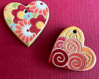 LOVE American Style and The Dating Game, Stoneware Hand Carved  And Glazed Heart Pendants, Artisan Beads by Golem Design Studio
