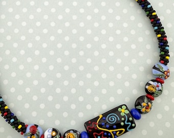 It's A Fiesta, Beaded Kumihimo Necklace Featuring Lampwork Beads, Murano and Venetian Glass