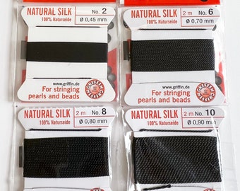 Natural Silk Griffin Cards, Black Griffin Silk, Attached Needle, 2 Meters or 80 Inches Per Card