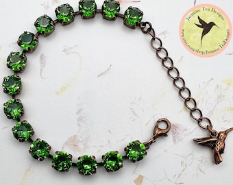 Dark Moss Green Crystal Bracelet, 8mm Swarovski Crystal Chaton, Adjustable From 7 Inches Up, Antique Copper