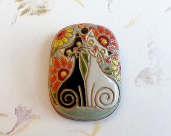 Black and White Cats with Flowers, Rectangular Pendant, Hand Carved Stoneware Pendant, Golem Design Studio, Two To Tango, The Cats Meow