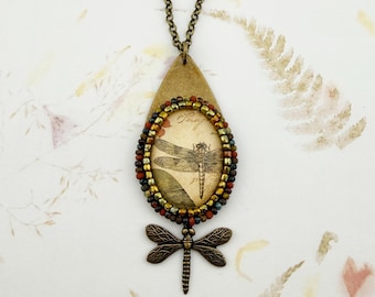 Dragonfly Ephemeral Necklace, Antique Brass, 30 Inches, Beaded Bezel