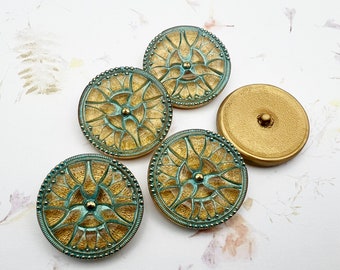 Tiffany Design, 34mm Round Button, Gold with Tiffany Wash and Hand Painted Gold Accents, Shank Button, Czech Glass Buttons