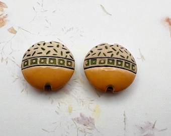 NEW! Set of Two, Medium Lentil Shaped Beads, Hand Stamped and Glazed Stoneware Beads, Hand Crafted Artisan Stoneware Beads