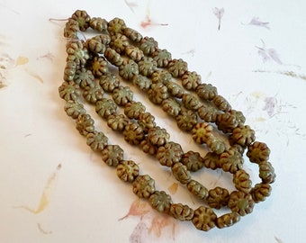 Catus Flower Beads, Czech Glass Pressed Beads, 9mm, Artichoke with a Picasso Finish, 25 Beads Per Strand