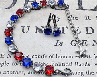 Red, White and Blue Bracelet with Earrings, Premium Austrian Crystals, Adjustable From 7 Inches Up, Lever Back Earrings to Match