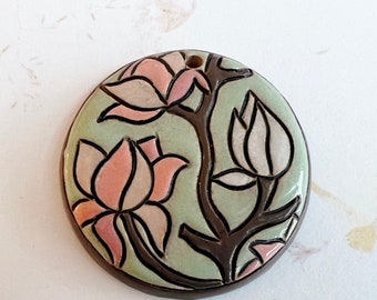 Hand-Carved Magnolia Flower Stoneware Pendant Bead (45mm)