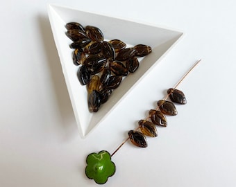 Dark Topaz Amethyst Etched Leaf Beads, Top Drilled, 12x7mm, Czech Glass, 25 Beads Per Pack