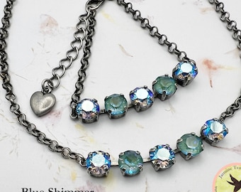 Blue Shimmer Five Stone Necklace or Bracelet, European Crystals, Antique Silver Rolo Chain with Extender and Heart Dangle