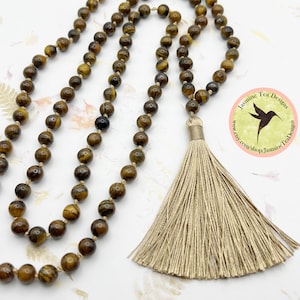 Hand Knotted Tiger&#39;s Eye Mala Necklace, 8mm Natural Tiger&#39;s Eye Beads, 44 Inch Tiger&#39;s Eye Mala Necklace with Silk Tassel