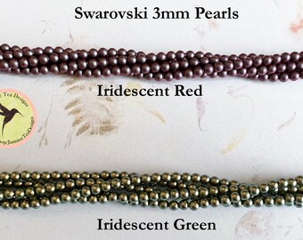 3mm Swarovski Pearl Strands, 200 Pearls Per Strand, Iridescent Red or Green