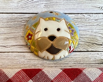 Happy Dog, Large Round Domed Stoneware Pendant, Glazed On Both Sides, Golem Design Studio Beads