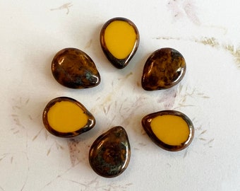 Polished Drops, Sunflower Yellow Bronze Picasso, 16x12mm Drops, Set of 6 Beads