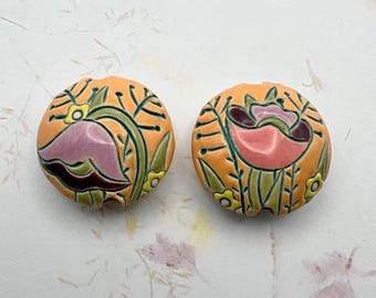 Field Poppies with Wild Grasses, Stoneware Lentil Shaped Beads, Both Sides Pictured