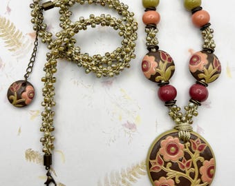 Lace Stoneware Pendant Necklace: Rose, Pink, Green Glazes, Braided Flax & Toho Beads