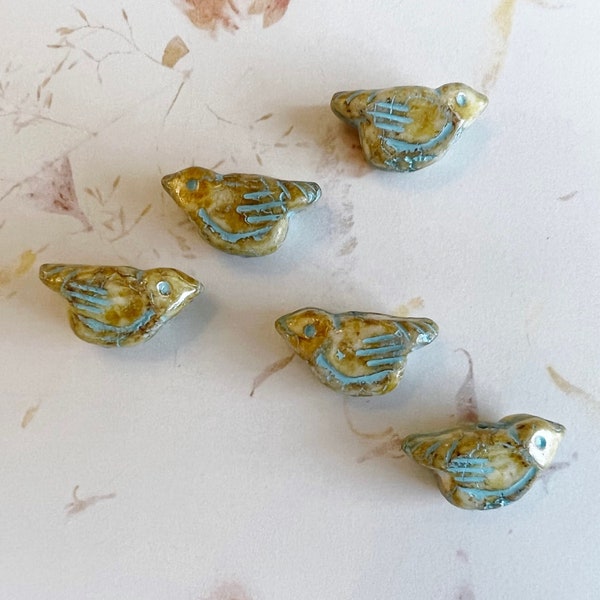 Bird Bead, 11x22mm, White Bird with Picasso Finish and a Turquoise Wash, 1mm Vertically Drilled Hole, 1 Bird