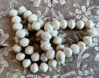 9mm Tribal Bicone, Yellow Ivory with an Antique Silver Finish, Large Hole, 15 Beads Per Strand, Czech Pressed Glass Beads