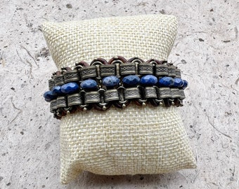 Sunset Blue Dumortierite Bracelet, Faceted Stones Woven Through Brown Leather and Antique Bronze Book Chain,  Antique Bronze Slide Clasp