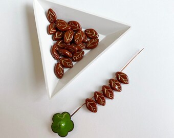 Auburn Leaves With Gold Inlay, Top Drilled, 12x7mm, Czech Glass, 25 Beads Per Pack
