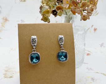 Swarovski Denim Blue Cushion Cut Fancy Stone Earrings, 10mm Cushion Cut Crystals, Rhodium Silver Pierced Post Back Dangle Earrings
