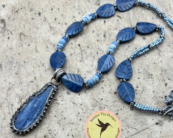 Blue Kyanite Pendant Necklace with Boulder Opal Heishi Beads and Carved Blue Sodalite Leaves, Antique Silver Toggle Clasp, OOAK