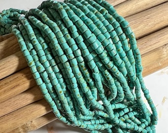 Size 6 or 4mm Aged Green Turquoise Picasso Czech Tube Beads, Wampum 4mm Tube Beads, Tribal Beads, Bugle Beads