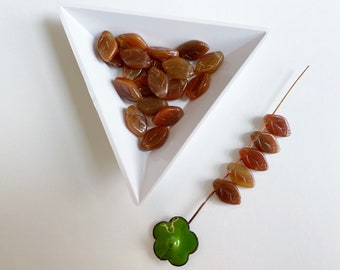 Opaque Carnelian Leaves, Etched Leaf Beads, Carnelian Stripe Mix, Top Drilled, 12x7mm, Czech Glass, 25 Beads Per Pack