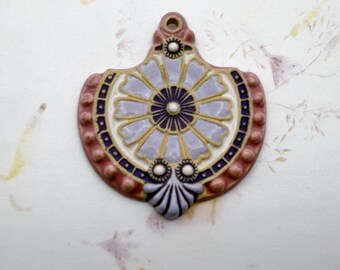 Baroque Flower in Purple and Pink , Stoneware Pendant Bead, Artisan Stoneware Pendant Beads, Large Glazed Stoneware Pendant